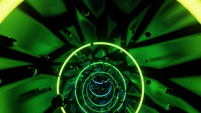 3D循环动画背景呈现了一个带有抽象科幻霓虹灯圈和粒子的黑暗隧道