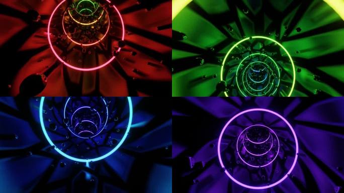 3D循环动画背景呈现了一个带有抽象科幻霓虹灯圈和粒子的黑暗隧道