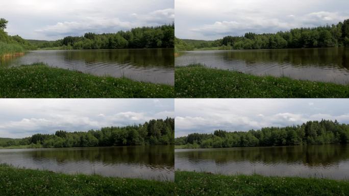 池塘边的草地，地平线上灰色多云的天空