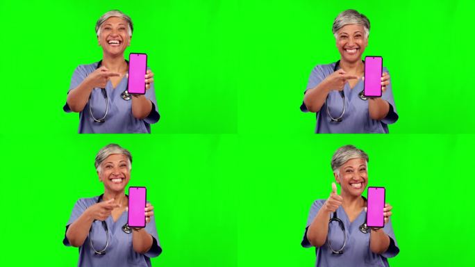 绿屏手机，老太太或快乐的医生大拇指为手机通知，模拟新闻或信息。色度键肖像，智能手机远程医疗促销或女护