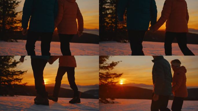 在黄金时间，一对老年夫妇在雪中漫步，他们的深情时刻