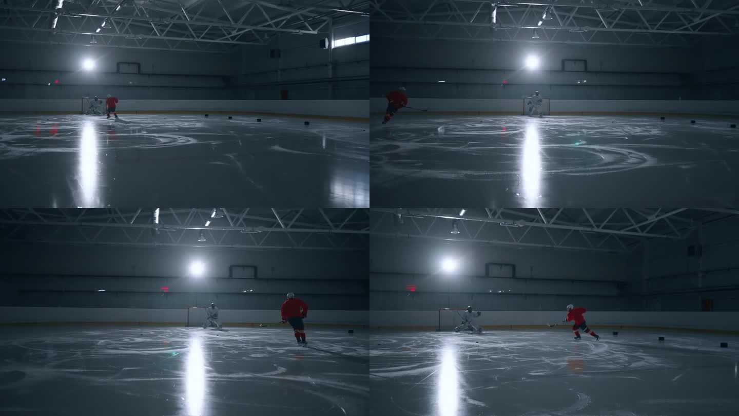一名身穿红色运动衫的冰球运动员在黑暗的冰场上熟练地训练，避开障碍物，轻松得分