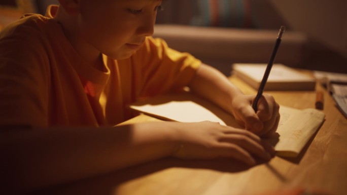 聪明的小男孩在客厅做作业的晚照。专注的孩子认真思考数学课，写考试答案，学习，为最好的成绩而学习。特写