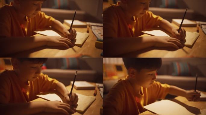聪明的小男孩在客厅做作业的晚照。专注的孩子认真思考数学课，写考试答案，学习，为最好的成绩而学习。特写