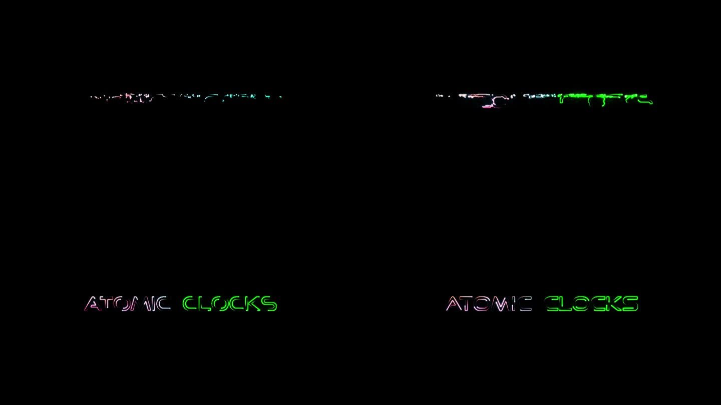 原子钟彩色霓虹激光文本故障效果动画效果黑色抽象背景。