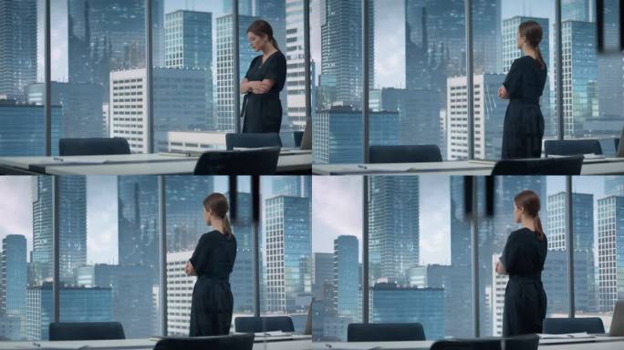 白人女商人走进她的角落办公室，拥有大城市的视野。女性数字企业家站在窗前，若有所思地规划商业决策。