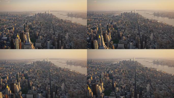 曼哈顿下城建筑鸟瞰图。从直升机上拍摄华尔街金融商务区全景。纽约历史悠久的办公大楼和摩天大楼的风景