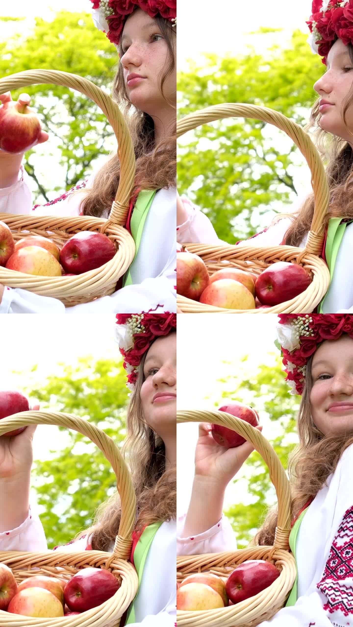 秋收女孩看着远处，手里拿着一篮子苹果，美味的水果，乌克兰民间服装，戴着丝带和红花的花环，自然季节在花