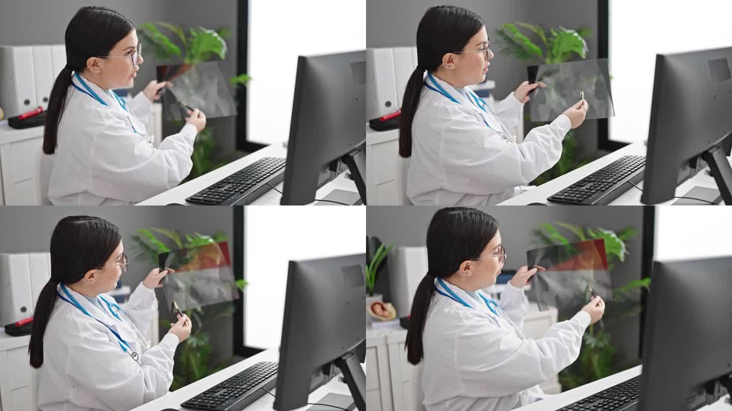 年轻的西班牙女医生在网上预约，在诊所展示x光片