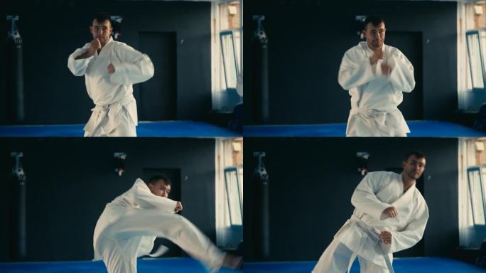 身穿白色和服的男子专注地练习跆拳道的出拳和回旋踢