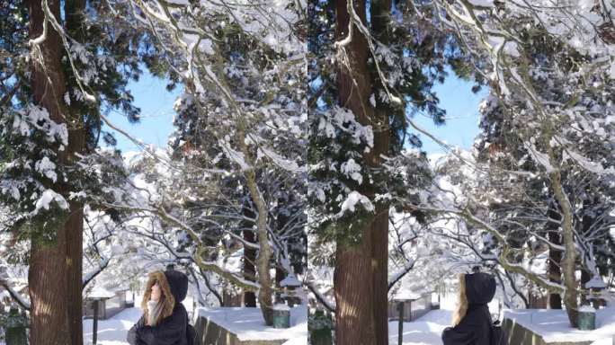 4K亚洲女人在下雪天看起来被雪覆盖的森林山。