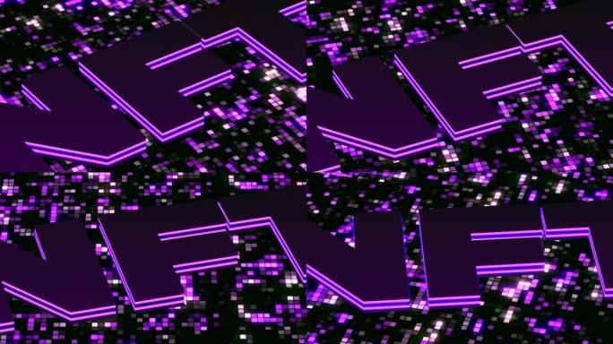 紫色字母NTF，背景上有闪烁的小方块。运动。NFT加密艺术符号，加密数字货币，收藏品，网络硬币