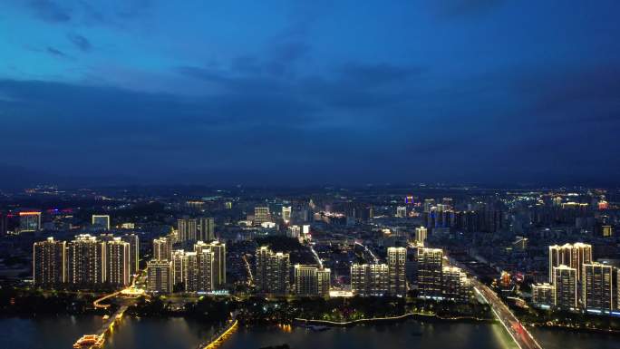 福建漳州城市夕阳晚霞夜幕降临夜景灯光航拍