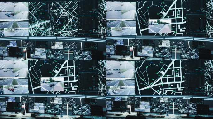 配备大数字屏幕的现代化监控办公室和配备台式电脑和显示器的员工工作场所空无一人。显示城市地图动画和监控