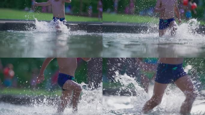 夏日里，快乐的孩子在慢动作的游泳池里奔跑。活跃的小男孩溅水向前跑120帧