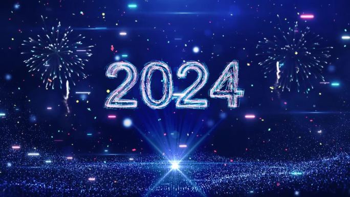 2024年春节快乐科技理念庆典。慢动作散景颗粒五彩纸屑和烟花在深蓝色背景上闪闪发光。