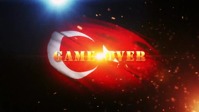 游戏在金色文字运动与火焰爆发和金色粒子电影预告片标题背景与土耳其国旗背景。