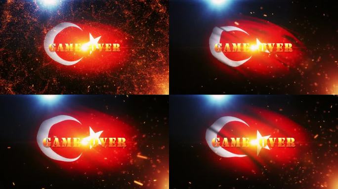 游戏在金色文字运动与火焰爆发和金色粒子电影预告片标题背景与土耳其国旗背景。