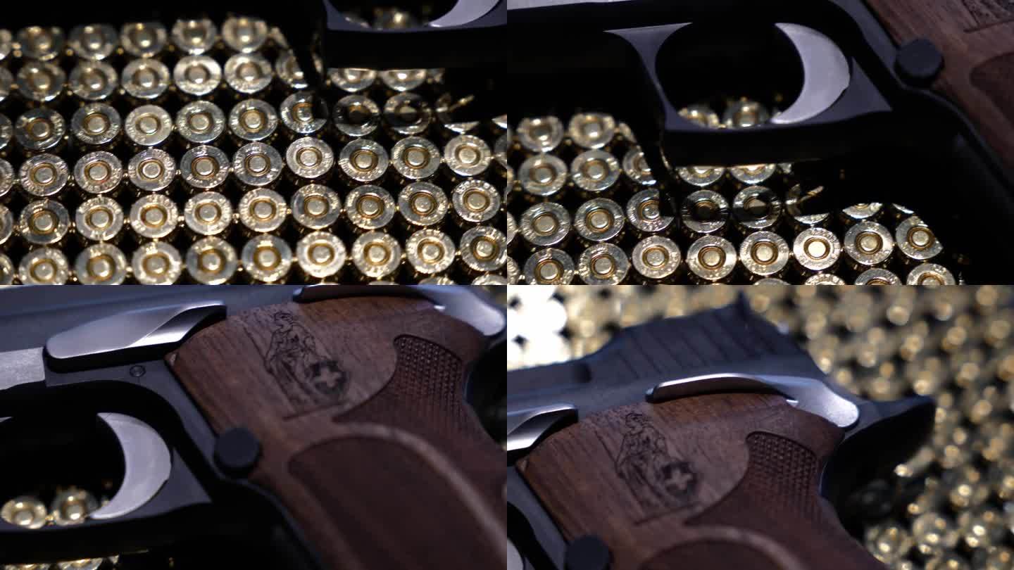 优雅的半自动9毫米手枪，带有瑞士Helvetia标志，靠在子弹弹药上