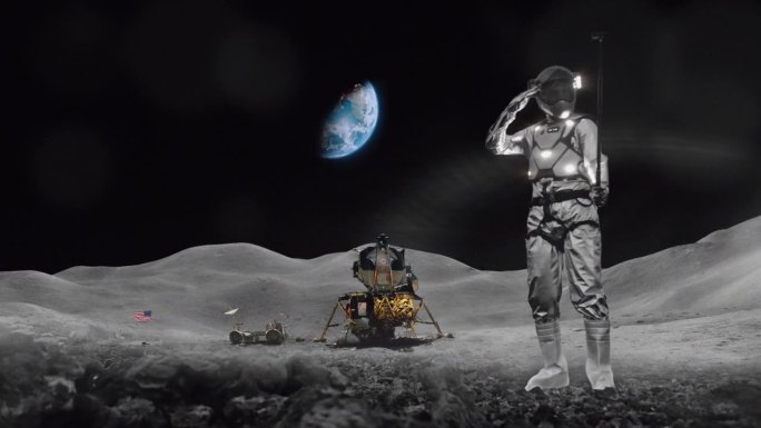 独自在月球上的宇航员。与遥远的地球和挂着美国国旗的月球基地自拍