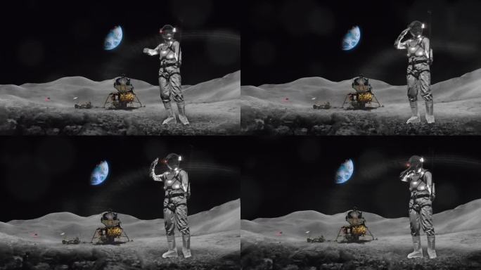独自在月球上的宇航员。与遥远的地球和挂着美国国旗的月球基地自拍