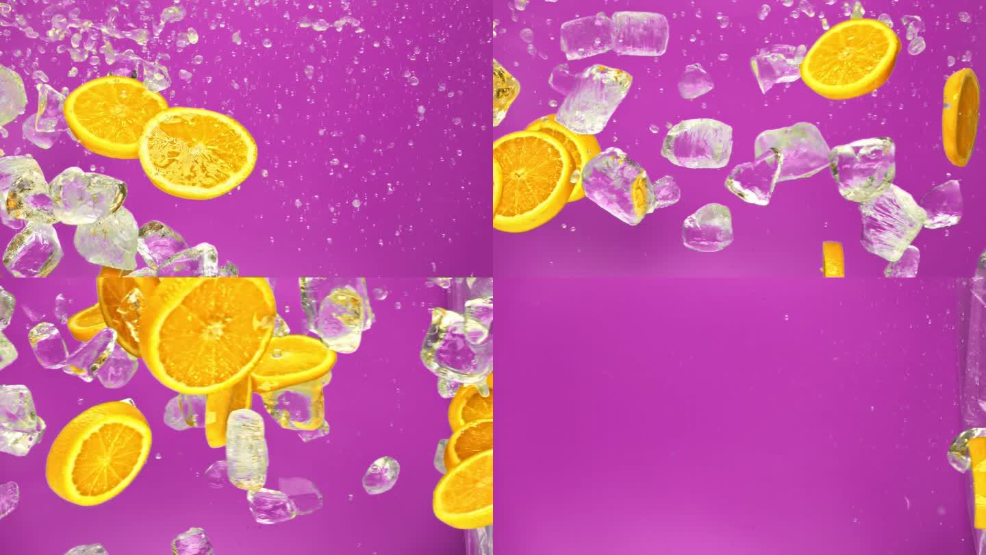 在紫色背景下，柑橘片和冰块以1000帧/秒的超慢动作掉落或爆炸。多汁的甜橙和飞冰块或水溅或倒滴果汁在