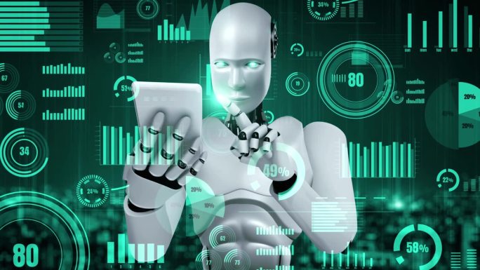 未来的金融技术由人工智能机器人控制，类人机器人采用机器学习