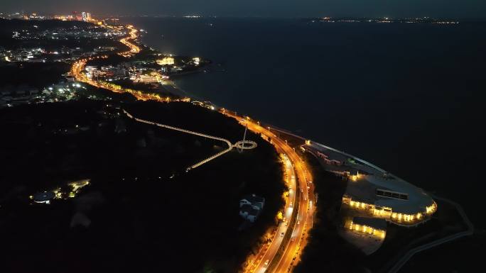 厦门环岛南路夜景公路航拍沿海公路海边公路