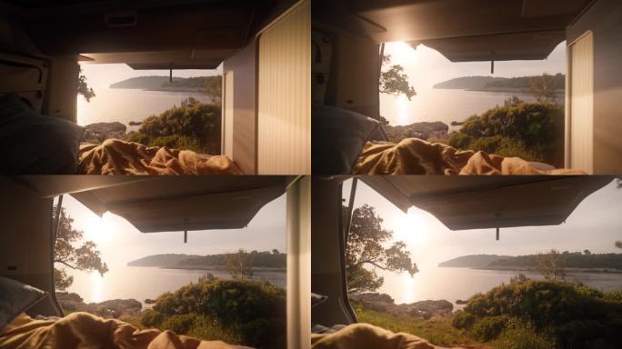 日落时分从露营车上看到的美丽海景