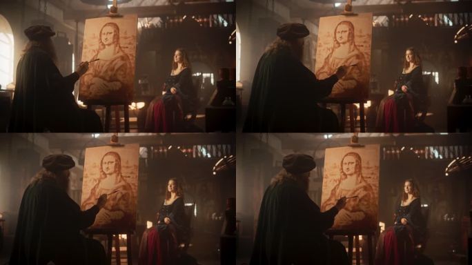 再现《蒙娜丽莎》创作过程的纪录片场景:天才达芬奇在他的艺术工作室为他的杰作在画布上画第一层阴影