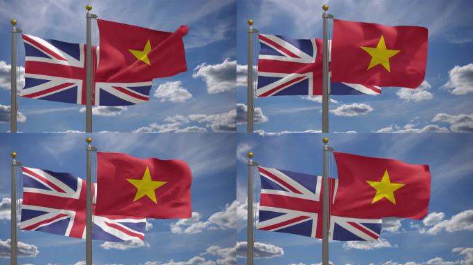 旗杆上的英国国旗和越南国旗，3D渲染，两面旗帜