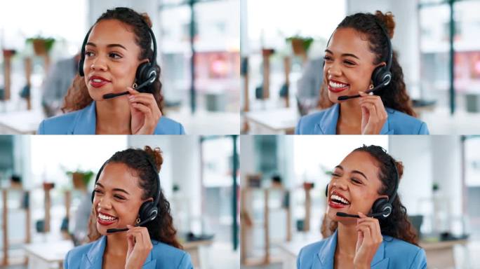 商务女性，在呼叫中心为有趣的笑话、表情包或办公室对话而大笑。快乐友好的女性咨询代理在工作场所微笑或大