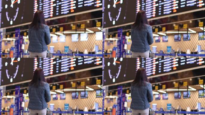 机场的女孩看着计分板。