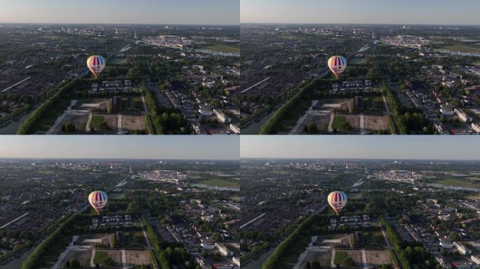 Nieuwegein, 2023年7月7日，荷兰热气球飞行在Nieuwegein，市区。无人机航拍图