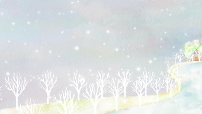 绘本风格的美丽乡村雪景。