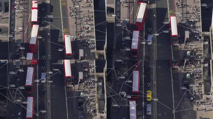 监测的概念。伦敦桥附近通勤者的鸟瞰图。面部识别界面显示每个人的个人数据。人工智能。用红色武器8K拍摄