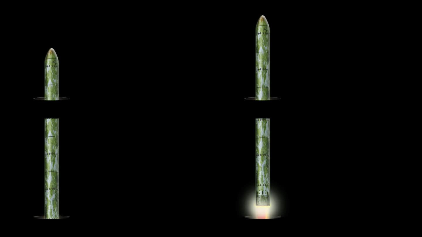 从一个地雷发射一枚洲际核导弹，背景是黑色孤立的。