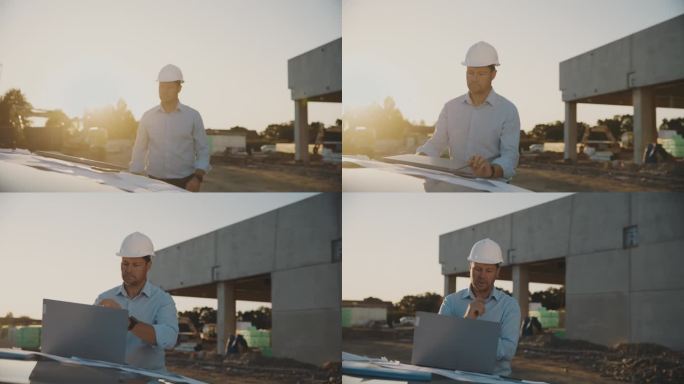 男工程师在建筑外用笔记本电脑工作
