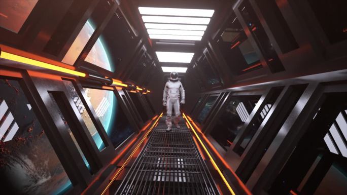 宇航员在宇宙飞船的隧道中行走。科幻的未来空间走廊。火星轨道。霓虹灯。3 d动画。