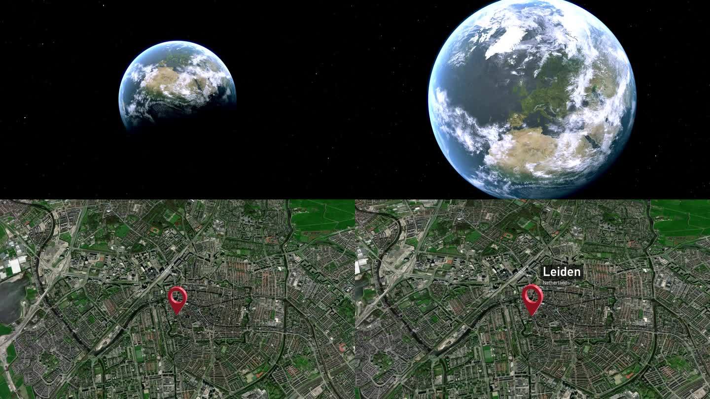 莱顿市地图从太空到地球缩放，荷兰