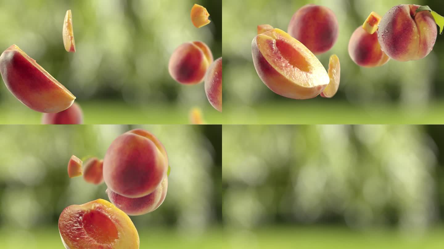 飞桃和桃子片在绿色花园果园闪亮的背景