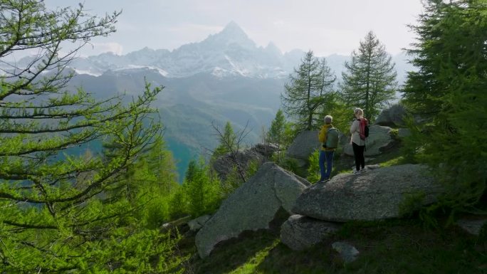 鸟瞰图，一对成熟的徒步夫妇在落叶松林中休息，欣赏高山景色