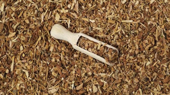 橡木皮在木勺里碎了。碾碎的橡树皮有丰富的生化成分，含有单宁、没食子酸和鞣花没食子酸，用于替代药物。4