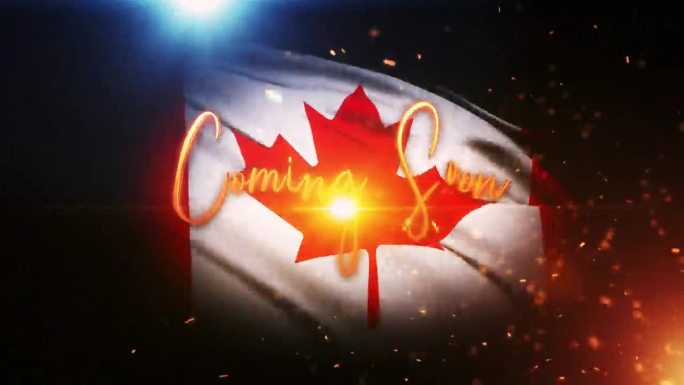 即将到来的金色文字运动与火焰爆发和金色粒子电影预告片标题背景与加拿大国旗背景。