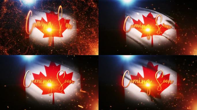 即将到来的金色文字运动与火焰爆发和金色粒子电影预告片标题背景与加拿大国旗背景。