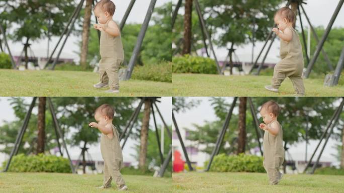 孩子在公园里玩耍。暑假里，可爱的小女孩走在绿草地上。