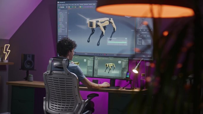 年轻的3D设计师在PC上创建机器人3D可视化