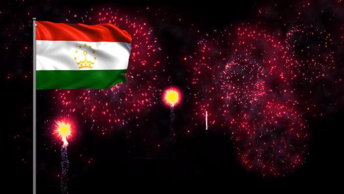 塔吉克斯坦国旗背景与旗杆和烟花。塔吉克斯坦国旗挥舞动画，伟大的塔吉克斯坦国庆日，独立日，新年和更多的