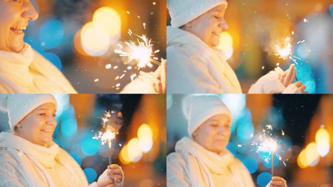 在卡科维奇一条充满活力的圣诞主题小巷里，一名女子点燃了一枚烟花，雪花落在她身上