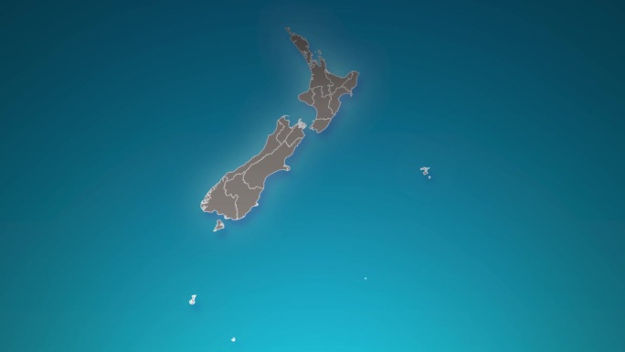 新西兰国家地图与放大在现实的云飞过。相机在新西兰地图上放大天空效果。背景适合公司介绍，旅游，演讲。